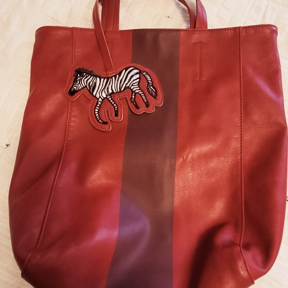 Saks Fifth Ave Red Leather Tote Bag with Zebra Patch